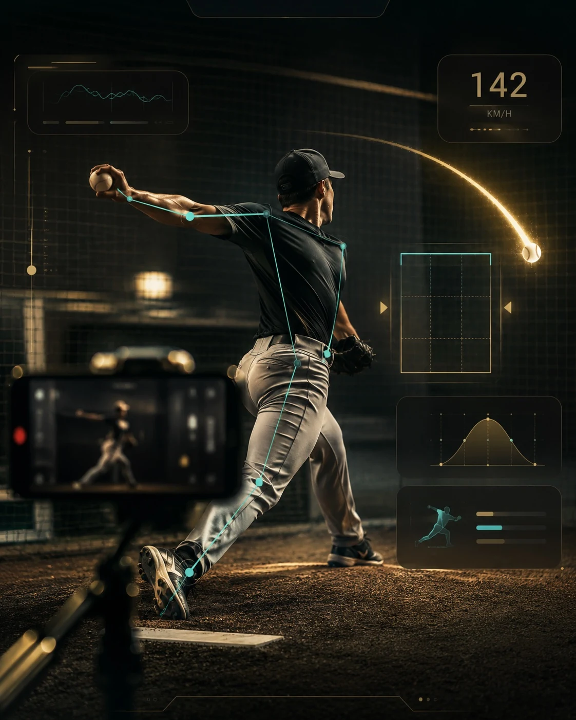 Baseball pitcher with computer vision motion tracking and trajectory analysis overlays